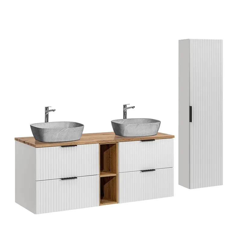 Conjunto mueble doble lavabo 140cm 2 nichos y columna Adriel Blanco y imitación piedra - Baño