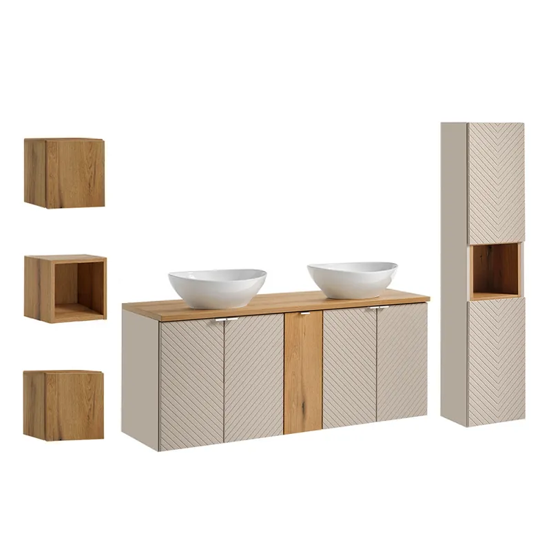 Conjunto mueble doble lavabo 140cm 5 puertas columna y 3 armarios de pared Manoa Cachemira y Madera - Baño