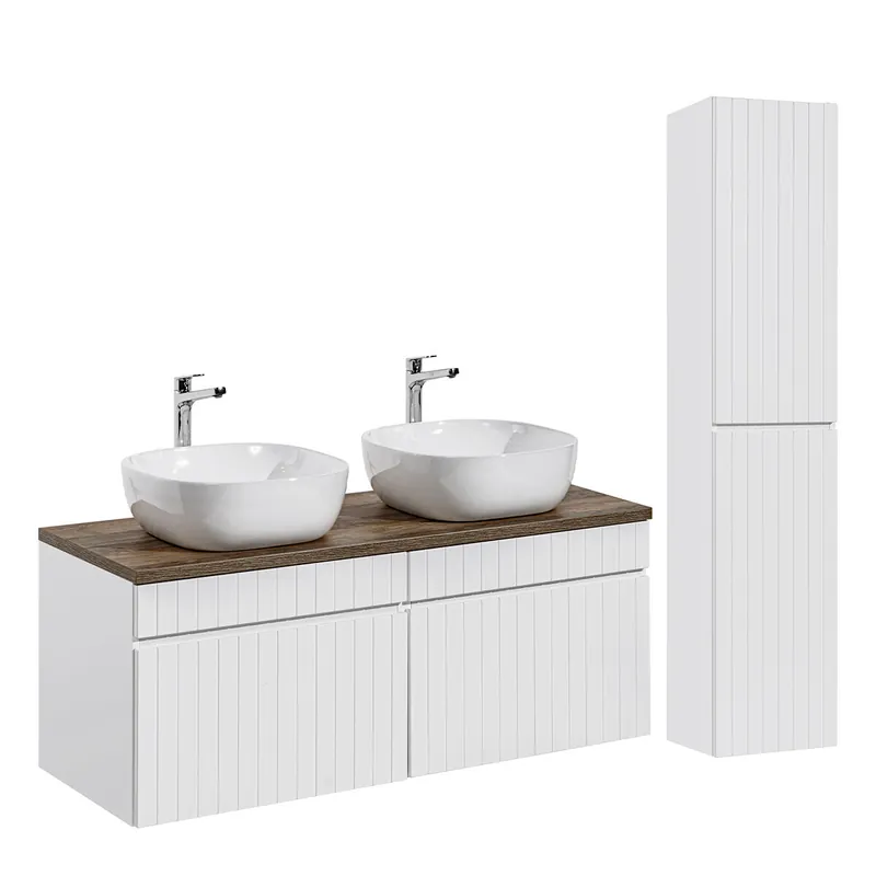 Conjunto mueble doble lavabo 120cm y columna Zelie Blanco y Madera - Baño