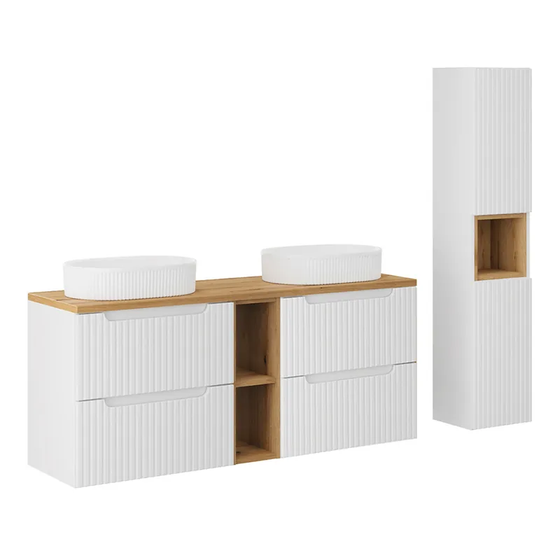 Conjunto mueble lavabo doble 140cm 4 cajones 2 compartimientos y columna Riva Blanco y Madera - Baño
