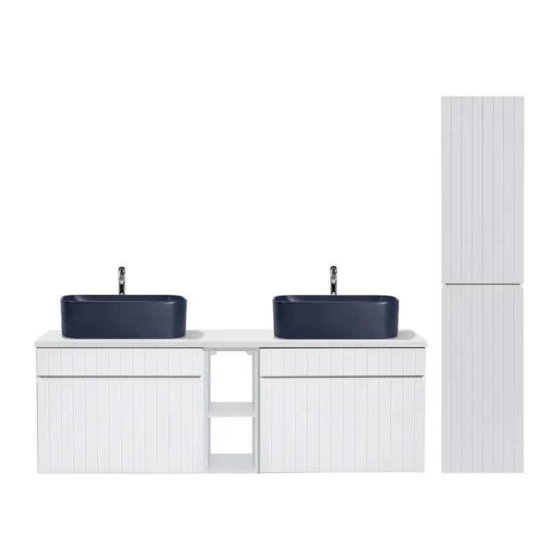 Conjunto mueble lavabo doble 140cm 2 nichos y columna Zelie Blanco Madera y Azul - Baño