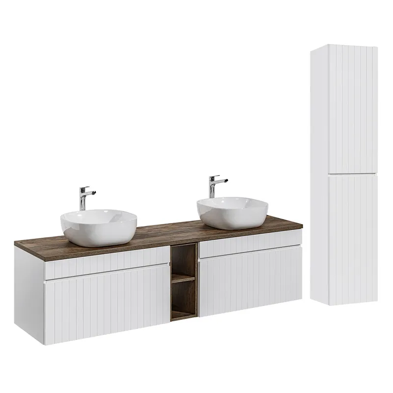 Conjunto mueble lavabo doble 180cm 2 nichos y columna Zelie Blanco y Madera - Baño