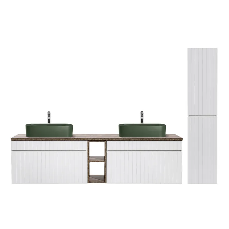 Conjunto mueble lavabo doble 180cm 2 nichos y columna Zelie Blanco Madera y Verde - Baño