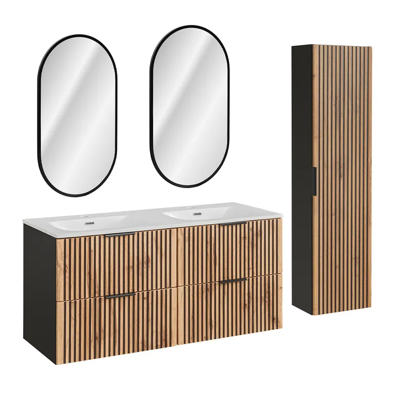 Conjunto mueble lavabo doble encastrado 120cm espejos LED y columna Gaia Madera y Negro - Baño