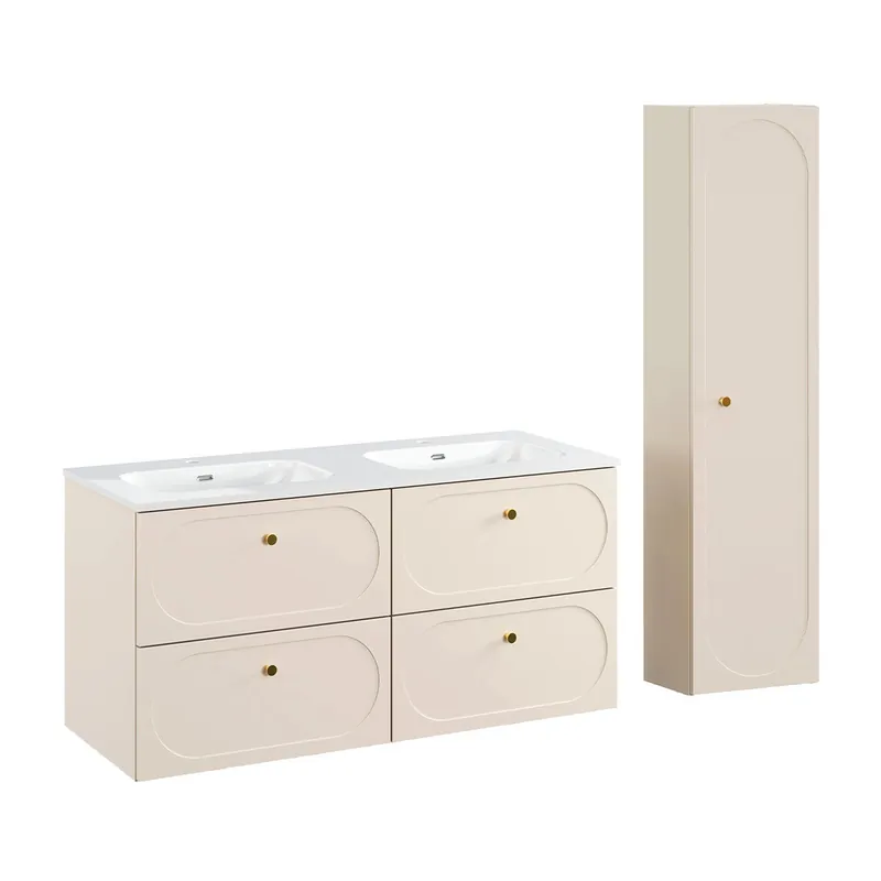 Conjunto mueble lavabo doble encastrado 120cm y columna Sanae beige arena - Baño