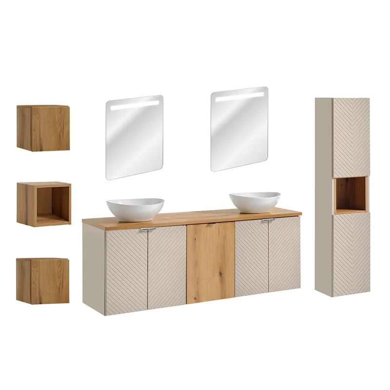Conjunto mueble lavabo doble 160 cm 4 puertas espejos LED columna y 3 armarios murales Manoa Cachemira y Madera - Baño
