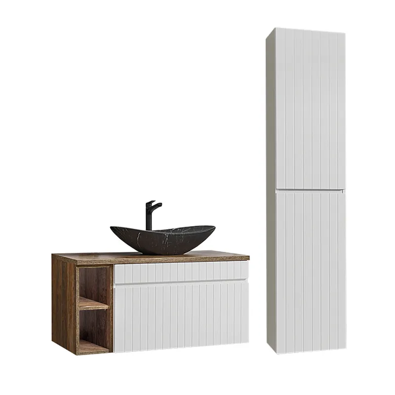 Conjunto mueble lavabo individual 100cm 2 nichos y columna Zelie Blanco Madera y Negro - Baño