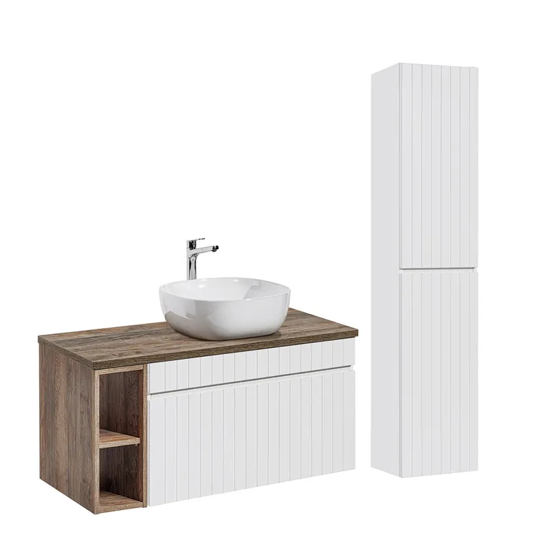 Conjunto mueble lavabo individual 100cm 2 nichos y columna Zelie Blanco y Madera - Baño