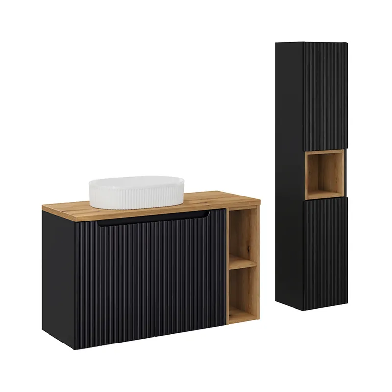 Conjunto mueble lavabo individual 100cm 2 puertas 2 compartimientos y columna Riva Blanco y Madera - Baño