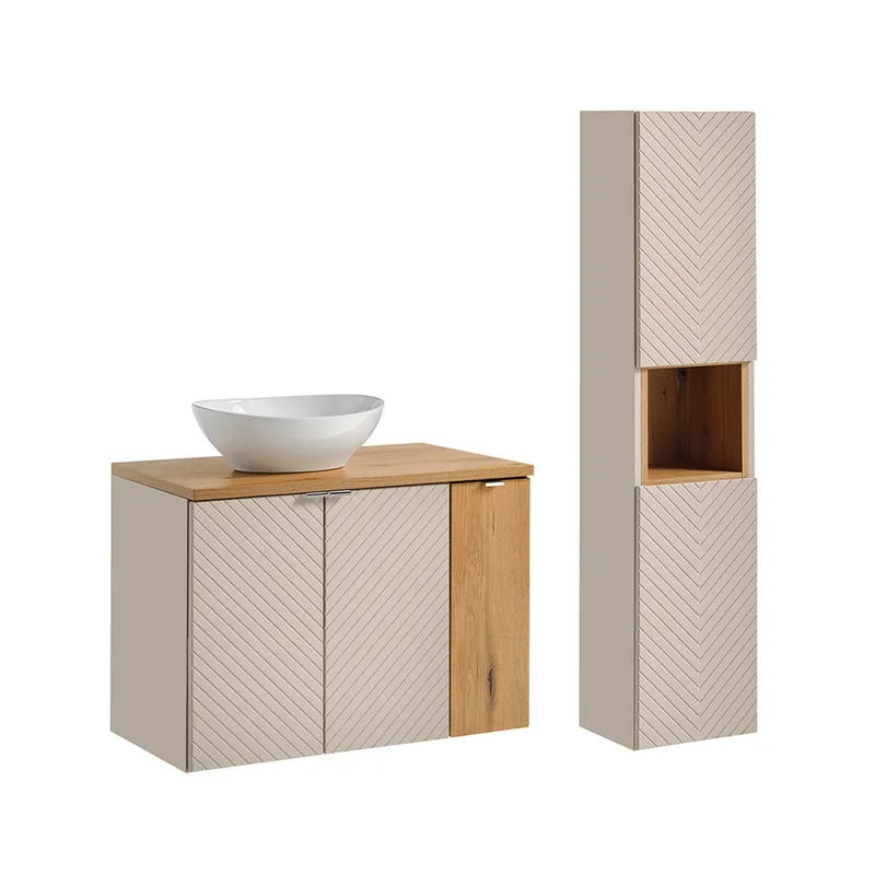Conjunto mueble lavabo individual 80cm 3 puertas y columna Manoa Cachemira y Madera - Baño