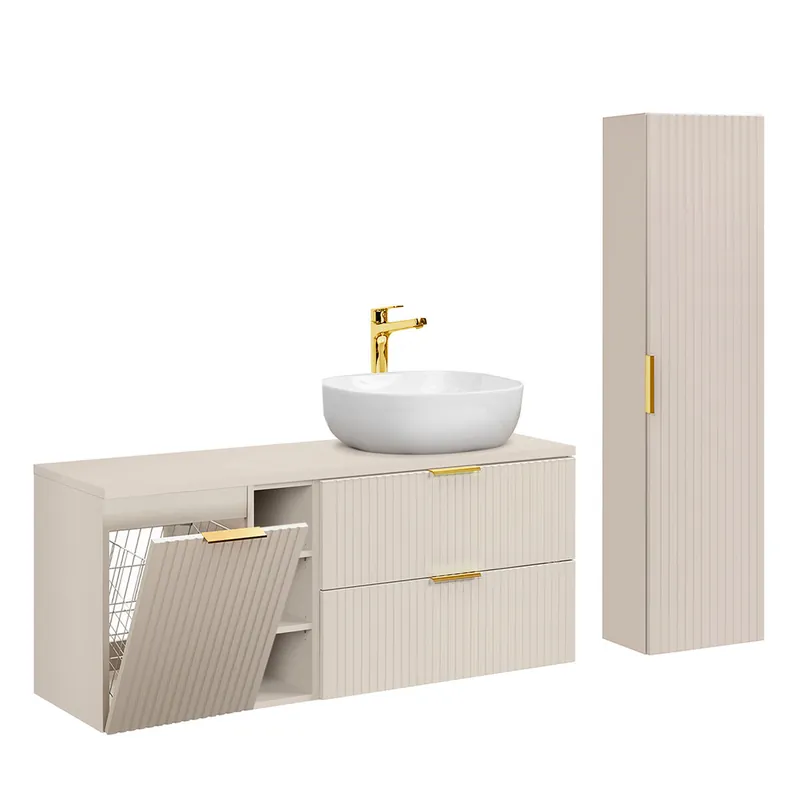 Conjunto mueble lavabo individual 140cm 3 compartimientos cesto de ropa y columna Adriel Cachemira - Baño