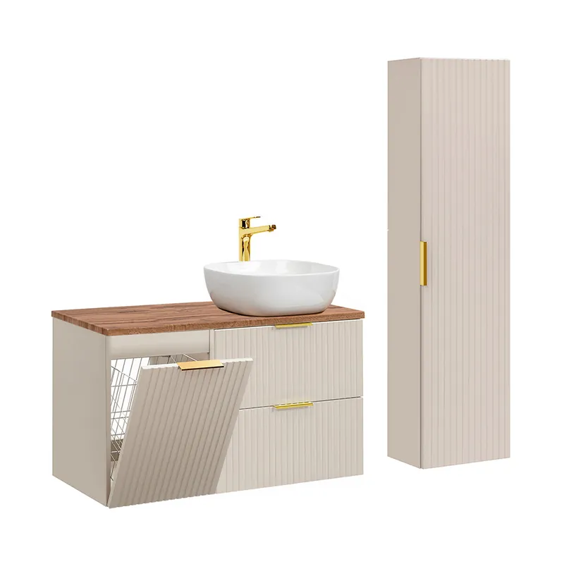 Conjunto mueble lavabo individual 100 cm cesto de ropa y columna Adriel Cachemira y Madera - Baño