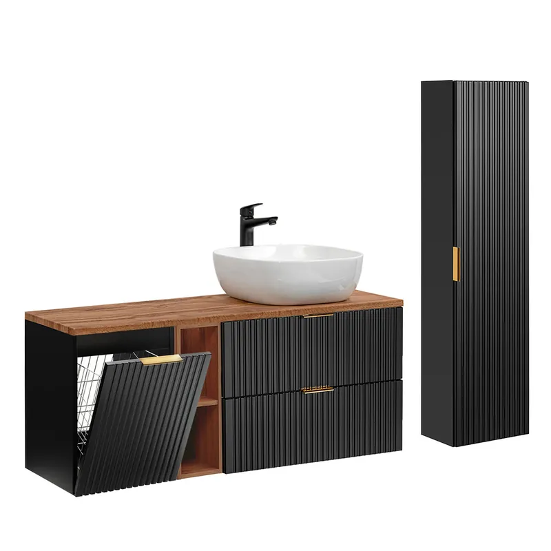 Conjunto mueble lavabo individual 140cm 2 compartimientos cesto de ropa y columna Adriel Madera - Baño
