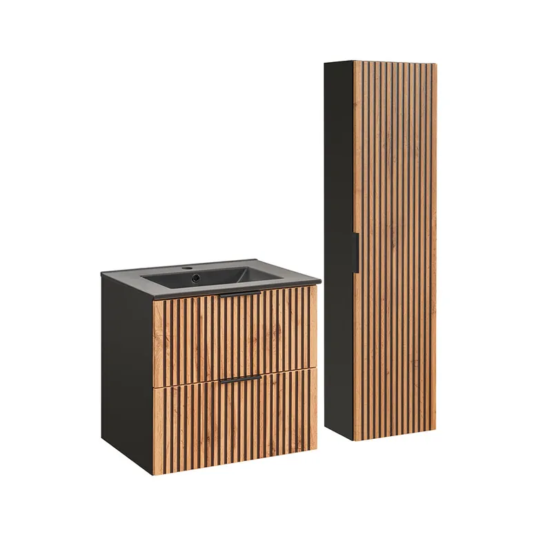 Conjunto mueble lavabo individual encastrado 60cm y columna Gaia Madera y Negro - Lavabo Negro