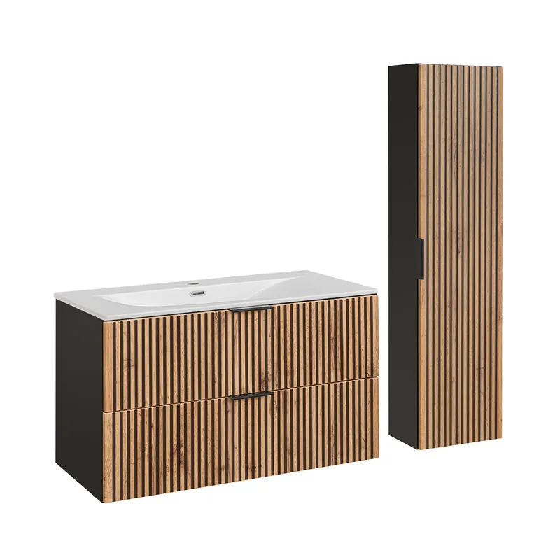 Conjunto mueble lavabo individual encastrado 100 cm y columna Gaia Madera y Negro - Baño