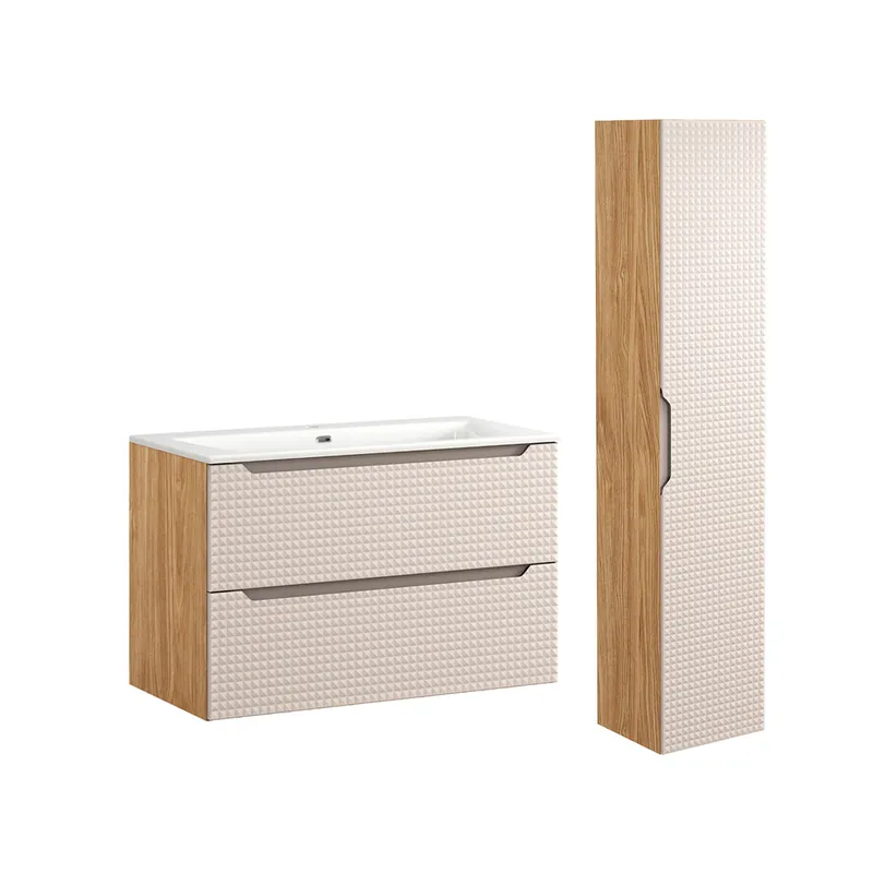 Conjunto mueble lavabo individual encastrado 90cm y columna Mallory Beige y madera - Baño
