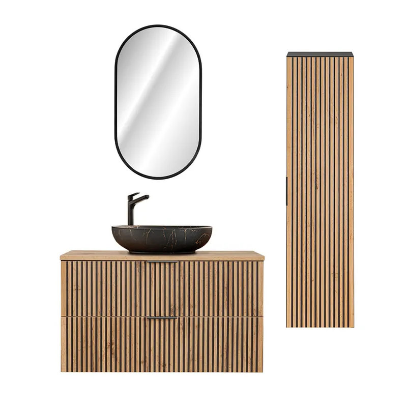 Conjunto mueble lavabo individual 100cm espejo LED y columna Gaia Madera y Negro - Lavabo Negro