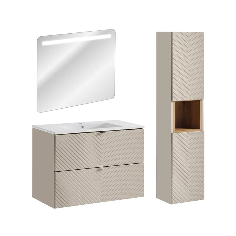 Conjunto mueble lavabo individual encastrado 80cm espejo LED y columna Manoa Cachemira y Madera - Baño