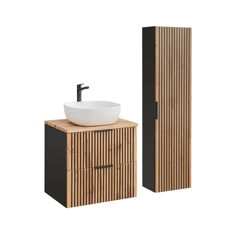 Conjunto mueble lavabo individual 60 cm y columna Gaia Madera y Negro - Baño