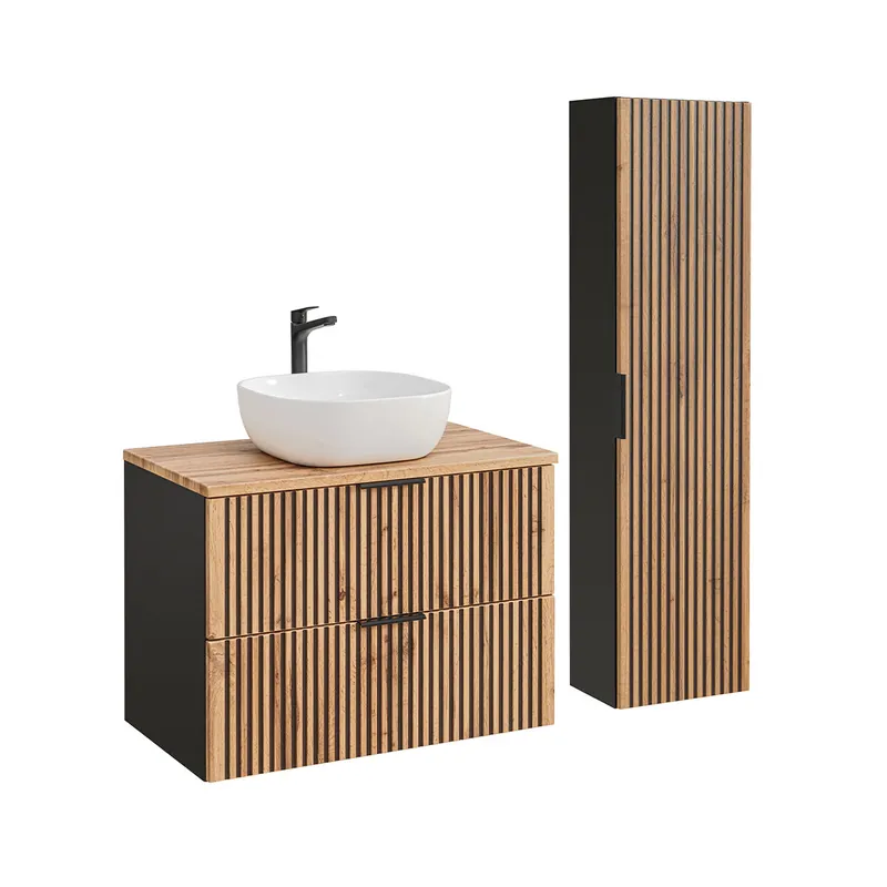 Conjunto mueble lavabo individual 80cm y columna Gaia Madera y Negro - Baño