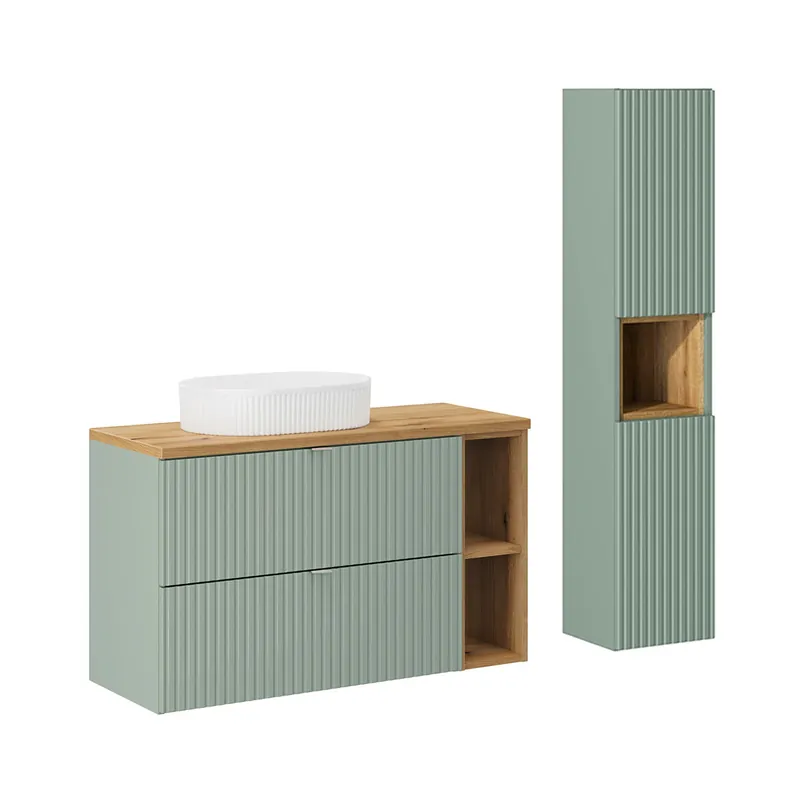 Conjunto mueble lavabo individual 100cm 2 cajones 2 compartimientos y columna Jade Verde y Madera - Baño