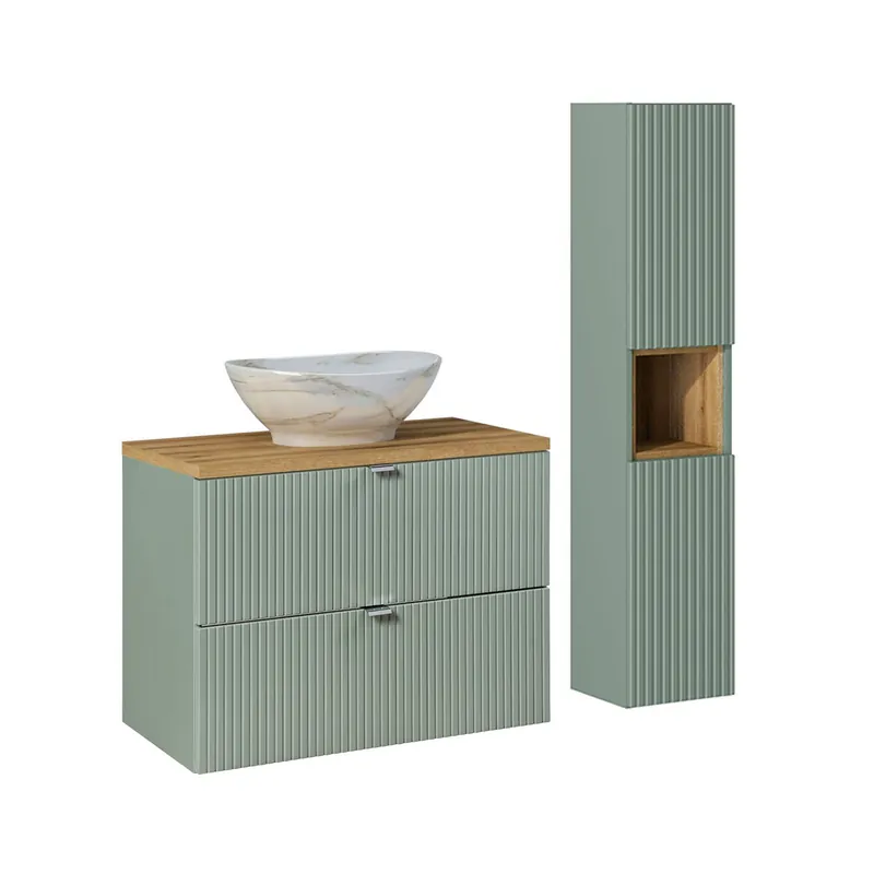 Conjunto de muebles lavabo individual 80cm 2 cajones y columna Verde Jade y Madera - Baño