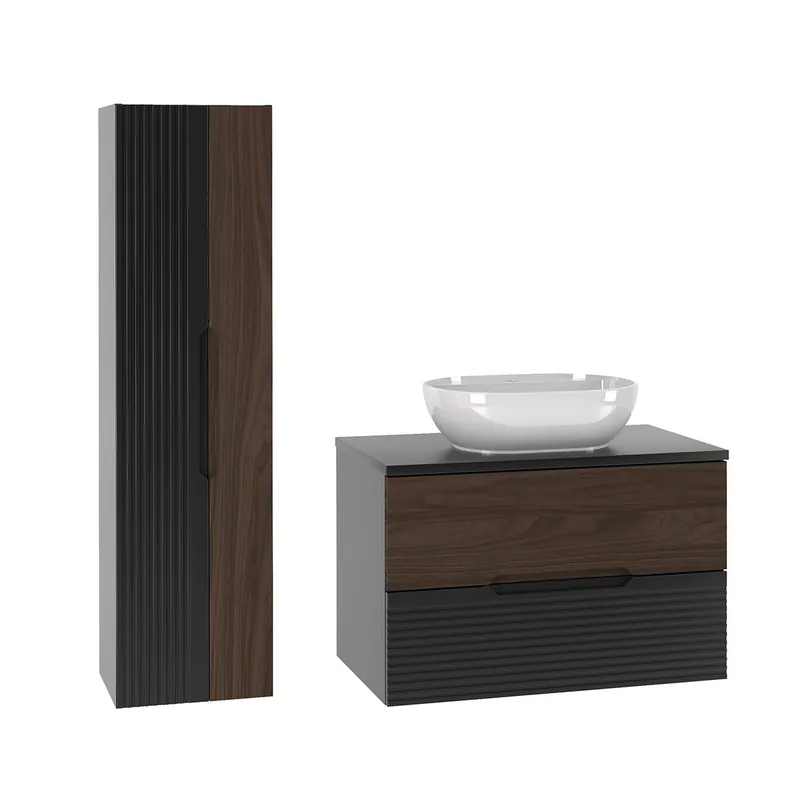 Conjunto mueble lavabo individual 80cm y columna Sylla Negro y madera - Baño
