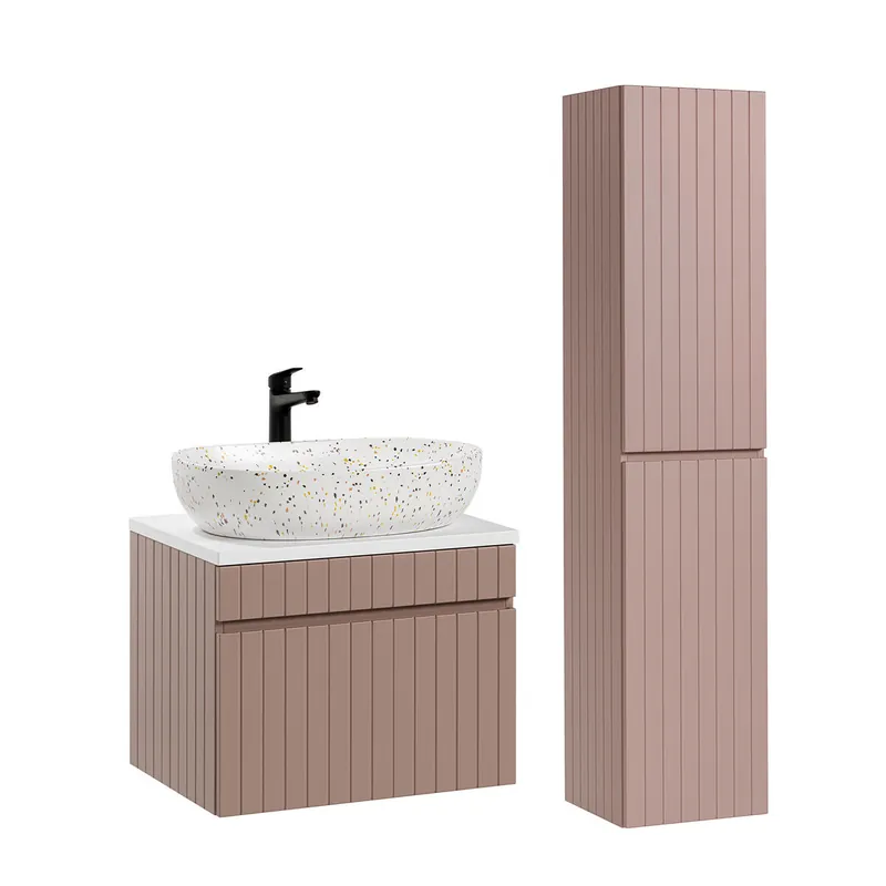 Conjunto mueble lavabo individual 60cm y columna Zelie Rosado y Blanco - Baño