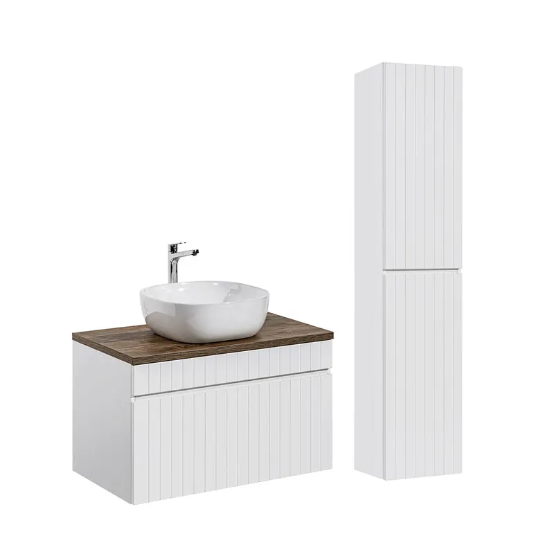 Conjunto mueble lavabo individual 80cm y columna Zelie Blanco y Madera - Baño