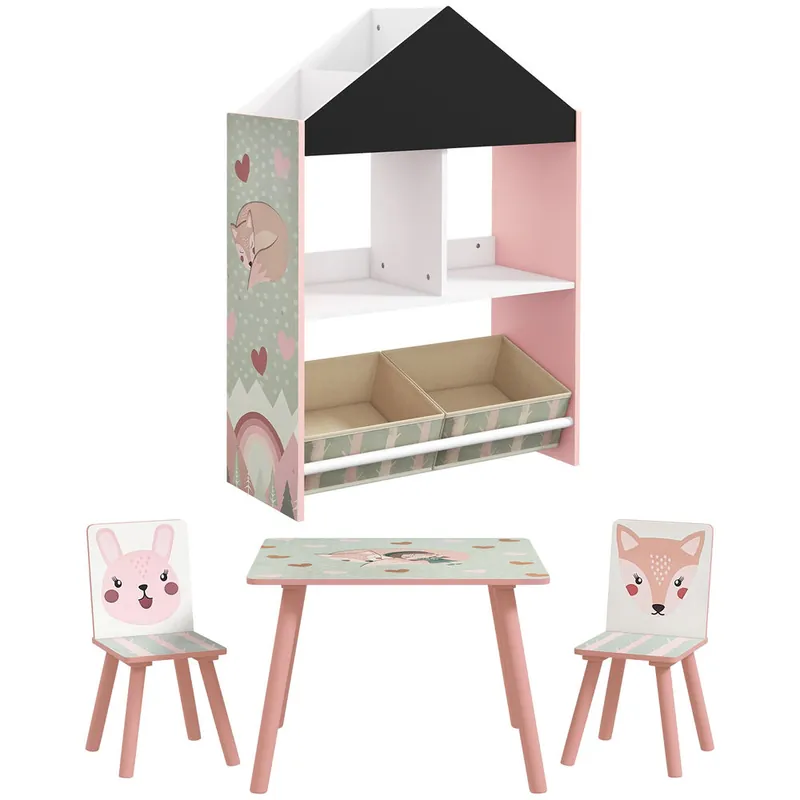 ZONEKIZ Conjunto para Niños Incluye 1 Estantería para Juguetes con Pizarra Pintable 2 Cajas de Tela no Tejida y 1 Mesa Infantil con 2 Sillas para Dormitorio Sala de Juegos Rosa - Bebé