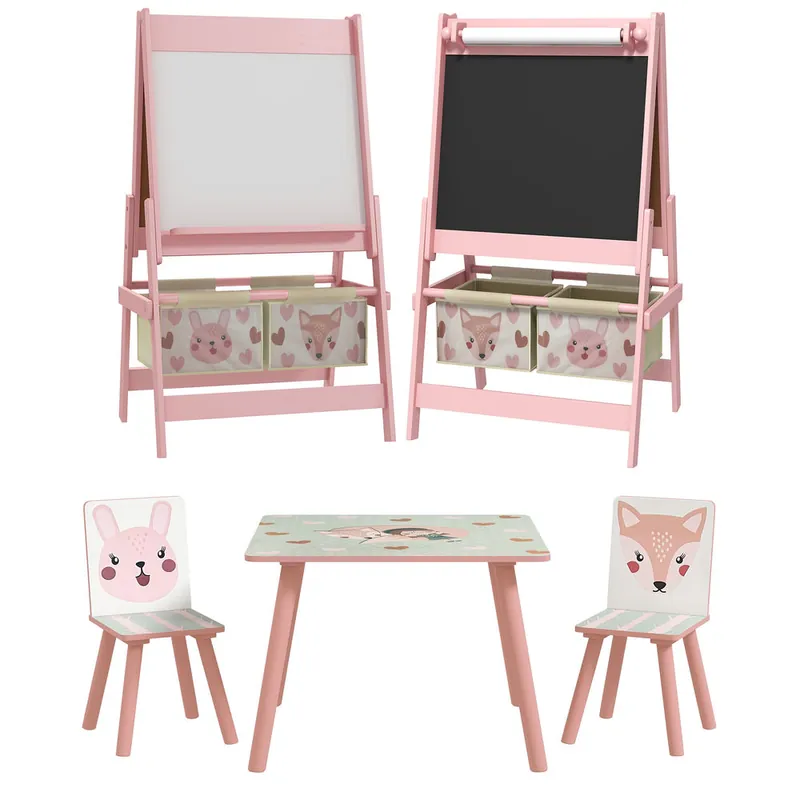 ZONEKIZ Conjunto para Niños Incluye 1 Mesa con 2 Sillas Infantiles y 1 Caballete 3 en 1 con Cestos de Almacenamiento Diseño de Animales para Dormitorio Sala de Juegos Rosa - Muebles
