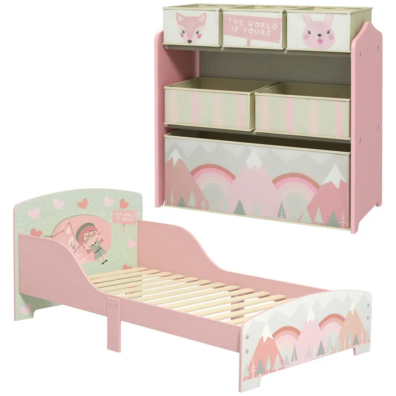 ZONEKIZ Conjunto para Niños Incluye 1 Cama Infantil de Madera con Barreras de Protección y 1 Estantería para Juguetes con 6 Cajas de Tela no Tejida Extraíbles Rosa - Bebé