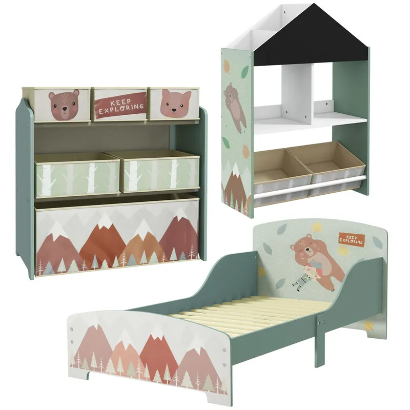 ZONEKIZ Conjunto para Niños Incluye 1 Cama Infantil 1 Estantería para Juguetes con Pizarra Pintable y 1 Organizador de Juguetes con 6 Cajas de Tela Extraíbles Verde - Bebé
