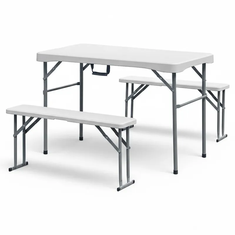 Set de Picnic con Mesa Plegable y 2 Bancos, 113x62x71cm, Blanco, Plástico, Rectangular, Plegable, Moderno - Jardín