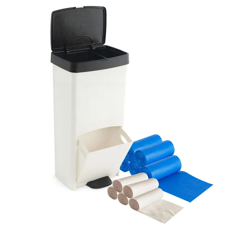 Pack Cubo de basura o reciclaje 70L en BLANCO Y NEGRO, VERTICAL, 2 Compartimentos, 76 cm, fácil gestión, INCLUYE bolsas de basura adaptadas(10L + 30L - Baño