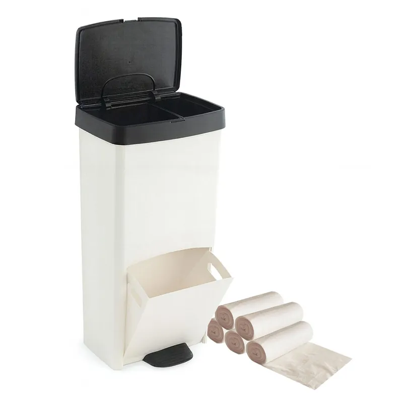 Pack Cubo de basura o reciclaje 70L en BLANCO Y NEGRO, VERTICAL, 2 compartimentos, Papelera residuos INCLUYE 5 rollos (75 bolsas) de basura de 10l - Baño