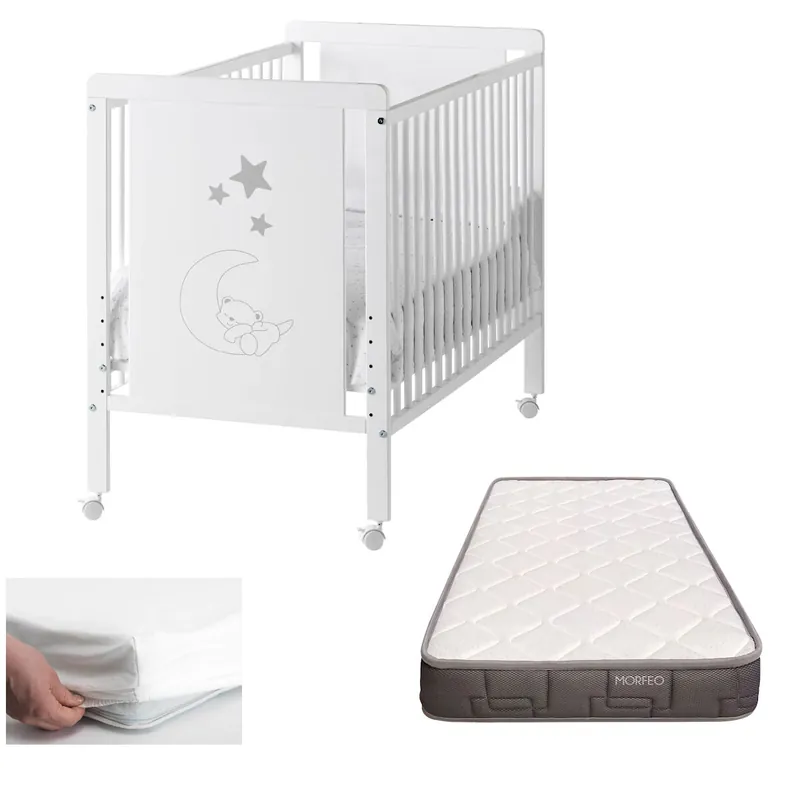 Cuna bebe Indi con colchón Morfeo, blanca y de madera de haya + Protector de colchón - Bebé