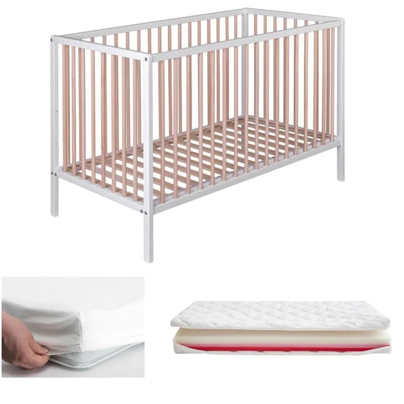Cuna bebé Laponia con somier de láminas de haya + Colchón Helios + protector colchón + 4 ruedas