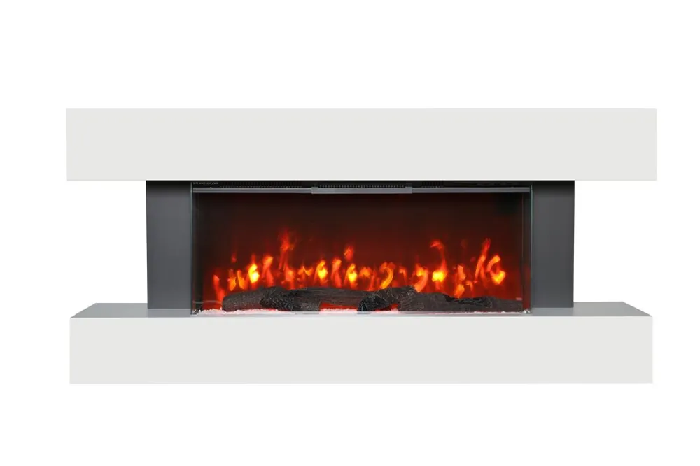 DUPI Chimenea Eléctrica Nero Pro SENZIA | 3 en 1 con Calefacción | Efecto Llama 3D Panorámica | 12 Colores Llama | Blanco/Madera | 134x58x21cm - Electrodomésticos