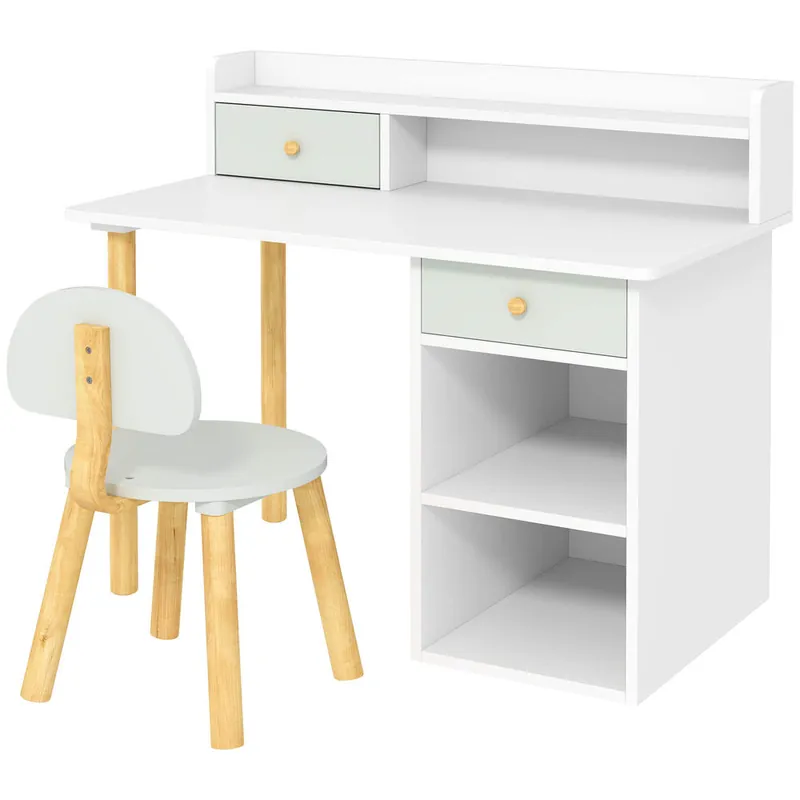 AIYAPLAY Juego de Escritorio y Silla para Niños de +3 Años Pupitre Infantil con Cajones Compartimento y Estantes para Dormitorio Sala Estudio Verde y Blanco - Muebles