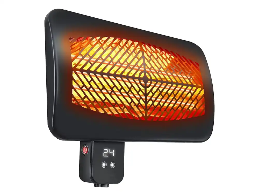 Calefactor halógeno de exterior para pared. 3 potencias de 650w, 1350w y 2000w. Control digital, display LED y mando a distancia. Temporizador 24h. Ángulo ajustable. 3 elementos de cuarzo. IPX4 - Electrodomésticos