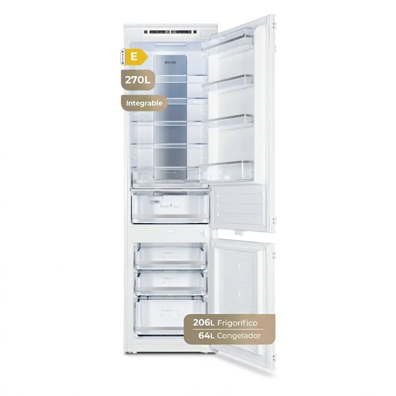 EVVO Frigorífico combi integrable Fi65, 180L+64L, No Frost, Chiller Zone, ECO, Vacaciones, congelación rápida, silencioso. - Electrodomésticos