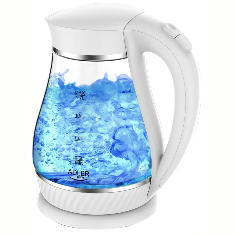 Adler AD 1274W Hervidor Agua Eléctrico 1,7 Litros Jarra Cristal Inalámbrica Retroiluminada, Apagado Automático, 2200, Blanco - Electrodomésticos