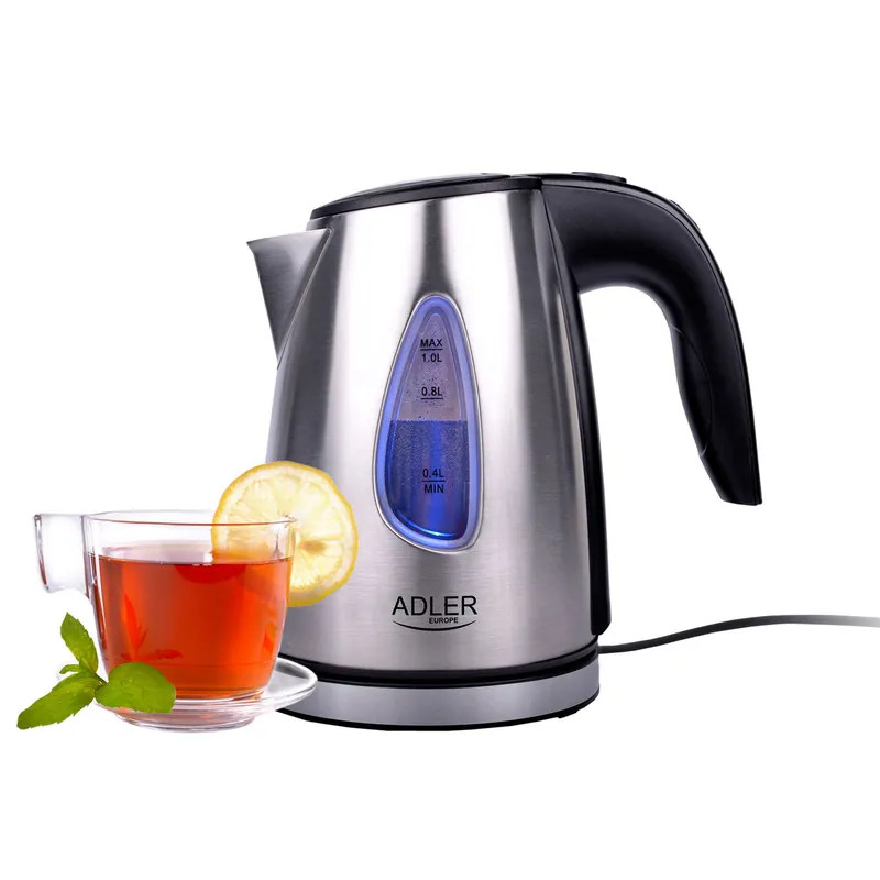 Adler AD1203 Hervidor Agua Eléctrico, 1 L, Jarra Cristal, sin BPA, Resistencia Oculta, Inalámbrico, 1600, Plata - Electrodomésticos