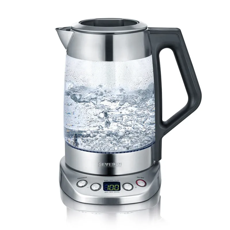 SEVERIN - Tetera y hervidor de agua de cristal Deluxe, tetera eléctrica con temperatura y tiempo ajustables, tetera hervidor con programas, 3000 W, acero inoxidable, WK 3479