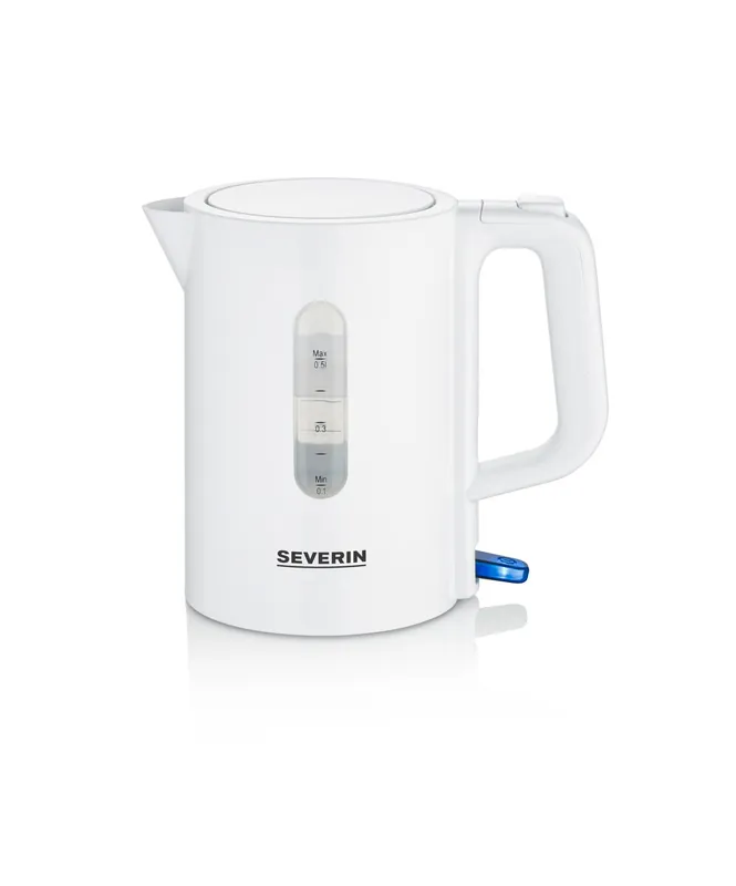 SEVERIN - Juego de tetera de viaje, de 0.5 l con voltaje conmutable (115/230 V), tetera eléctrica con 2 vasos de plástico y 2 cucharas, blanco, WK 3462