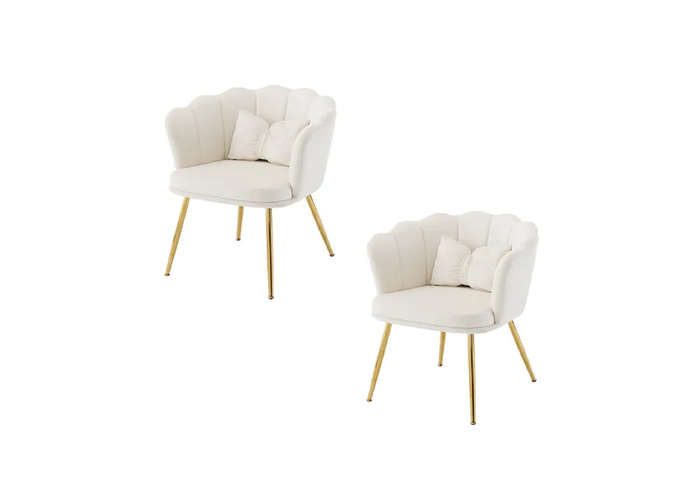 Juego de 2 sillónes de terciopelo con cojín de mariposa,respaldo de pétalos y patas de metal dorado,blanco - Sofás sillones puffs