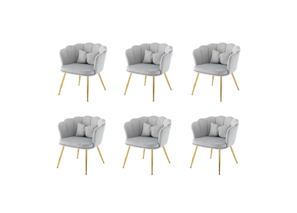 Juego de 6 sillónes de terciopelo con cojín de mariposa,respaldo de pétalos y patas de metal dorado,blanco - Sofás sillones puffs
