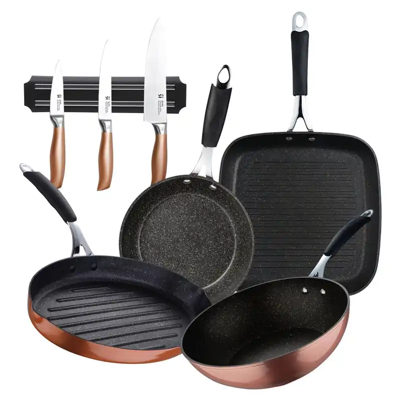 Set de 3 Cuchillos de cocina + Grill 28x28cm + Wok Ø28cm + Sartén Ø20x4,5 + Sartén para pescados 32x21,8cm en aluminio forjado Cooper Bergner