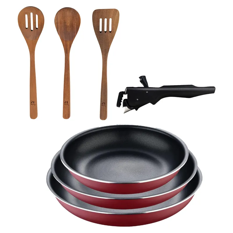 Bergner Click&Cook juego de 3 Sartenes Ø18Ø20Ø24cm Aluminio prensado rojo con Mango extraíble+Set 3pc utensilios cocina madera acacia